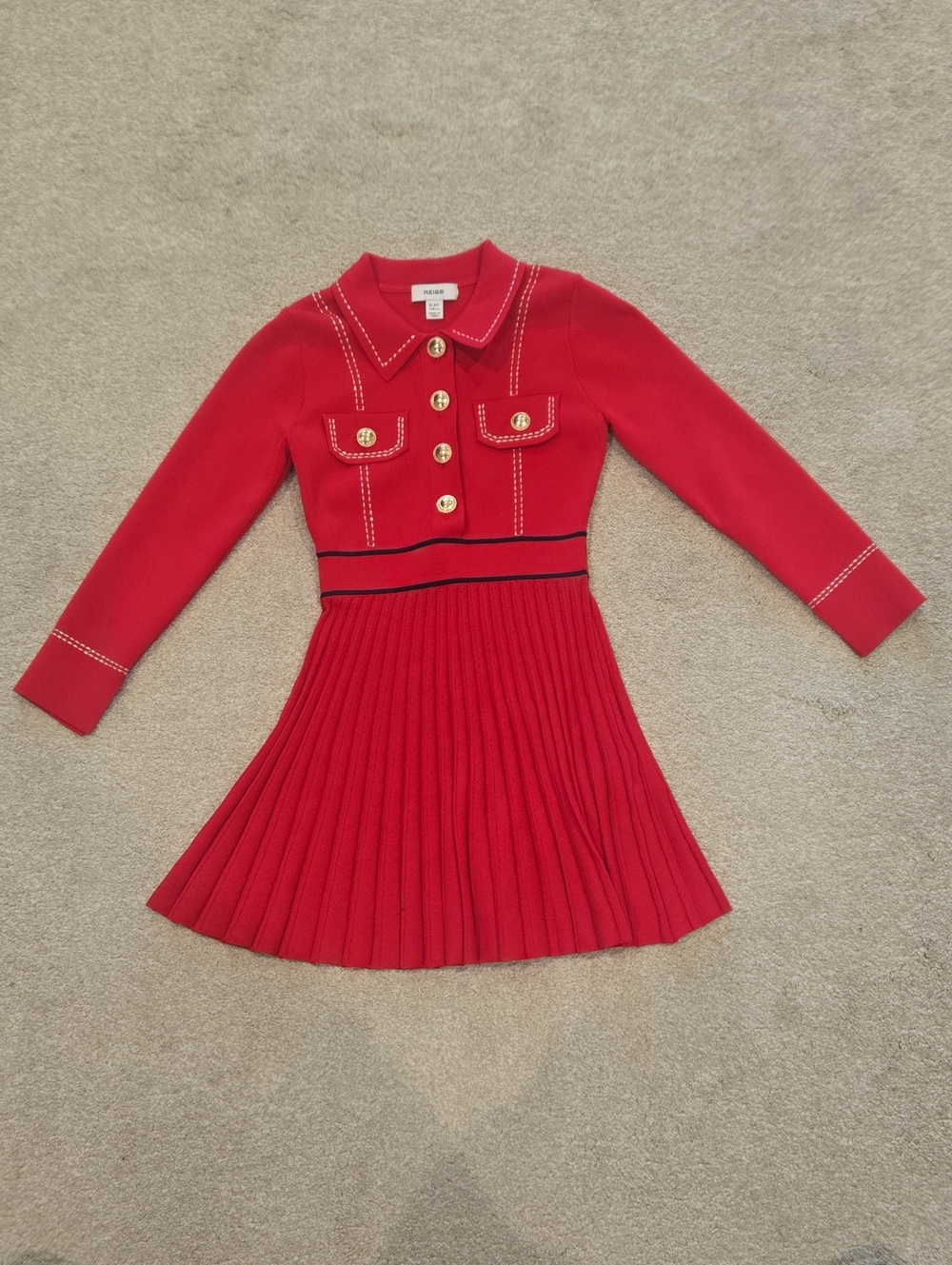 Reiss Red Pleated Knit Dress with Gold Buttons